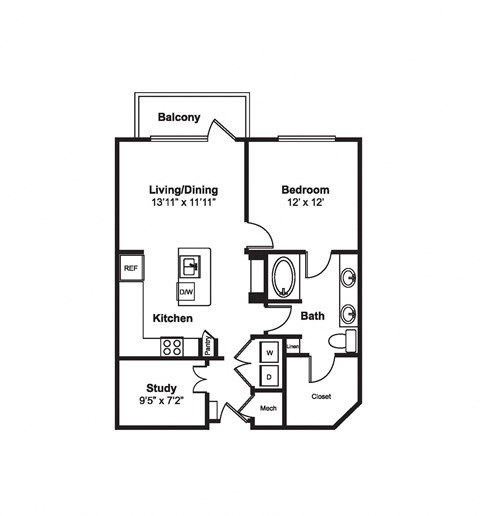 Floor plan for 1 bed, 1 bath, 855 sqft
